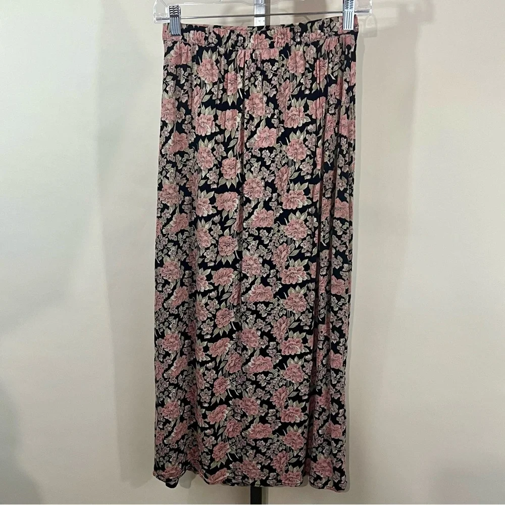 AE American Eagle High-Waisted Black Pink Floral Front Slit Midi Skirt XS